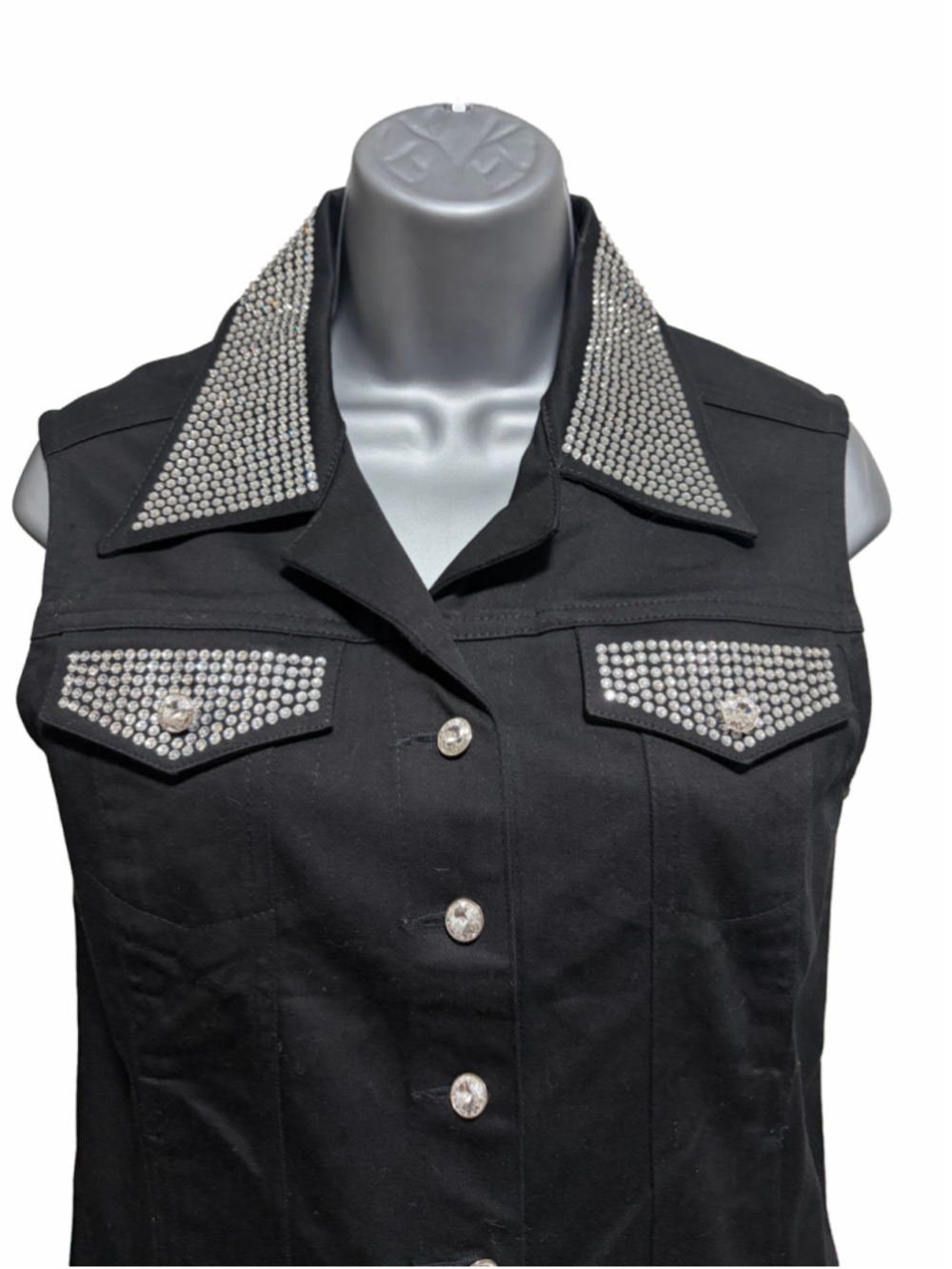 Parisline Black Denim Rhinestone Bling Vest Women's Small - Picture 2 of 9